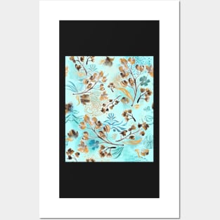 Hand-painted watercolor loose floral boho chintz in gold, blue, brown and turquoise as a seamless surface pattern design Posters and Art